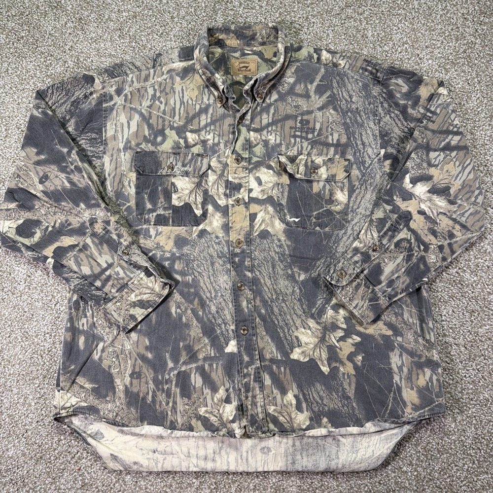Vintage Duxbak Camo Button Down Shirt Double Pocket Sz XXL Classic Fit Mossy Oak